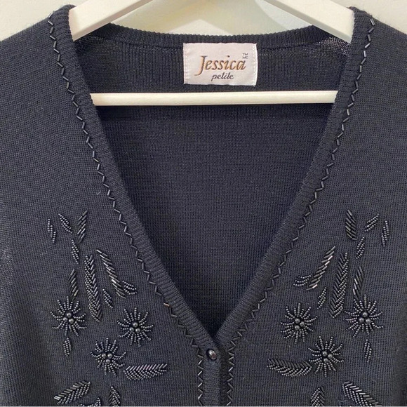 Jessica Petite Vintage Grandmacore Delicate Beaded Button Up Knit Black Cardigan - Picture 2 of 16